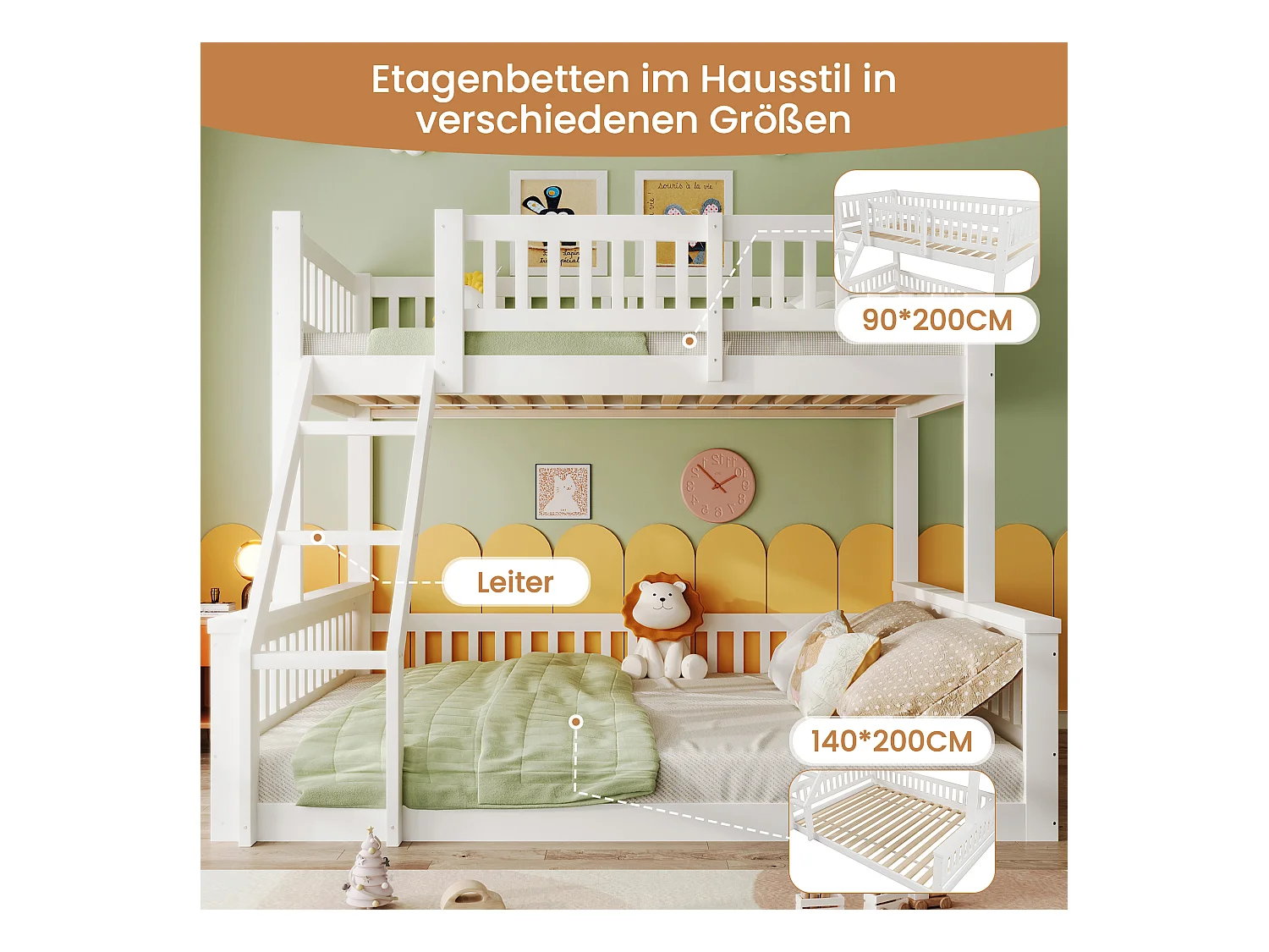 Kinder-Etagenbett - 90 x 200 cm + 140 x 200 cm - mit Leiter + Bettgitter - Holz - weiß