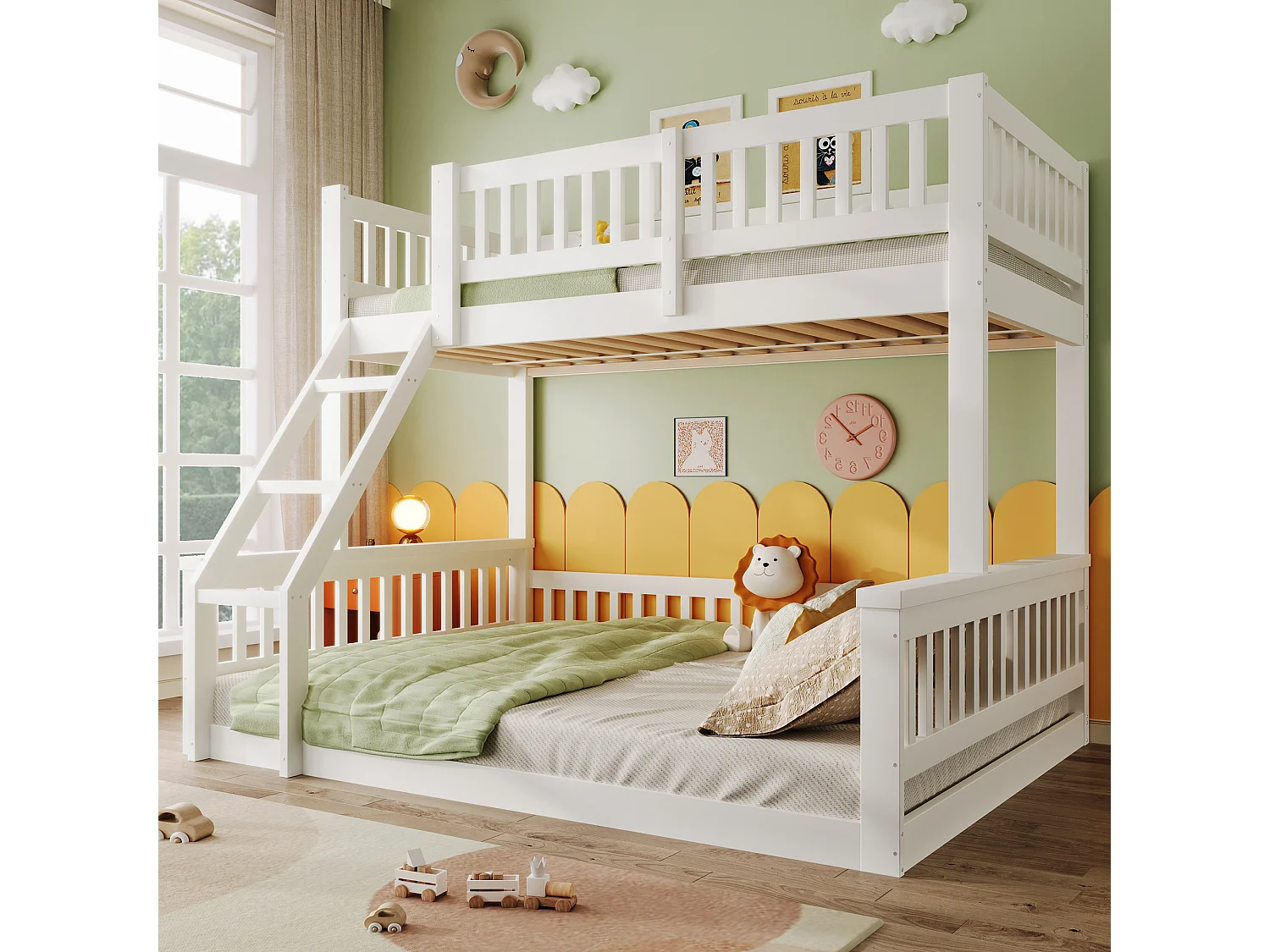 Lit superposés pour enfants - 90 x 200 cm + 140 x 200 cm - avec échelle + barrière de lit - bois - blanc