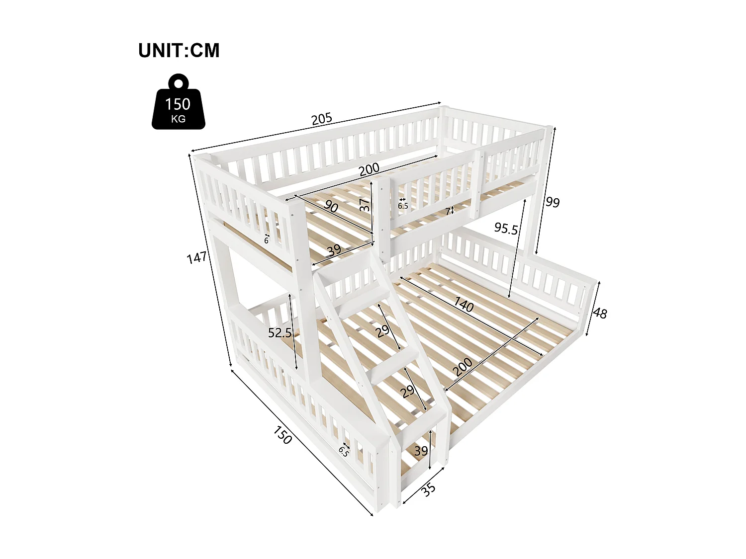 Lit superposés pour enfants - 90 x 200 cm + 140 x 200 cm - avec échelle + barrière de lit - bois - blanc