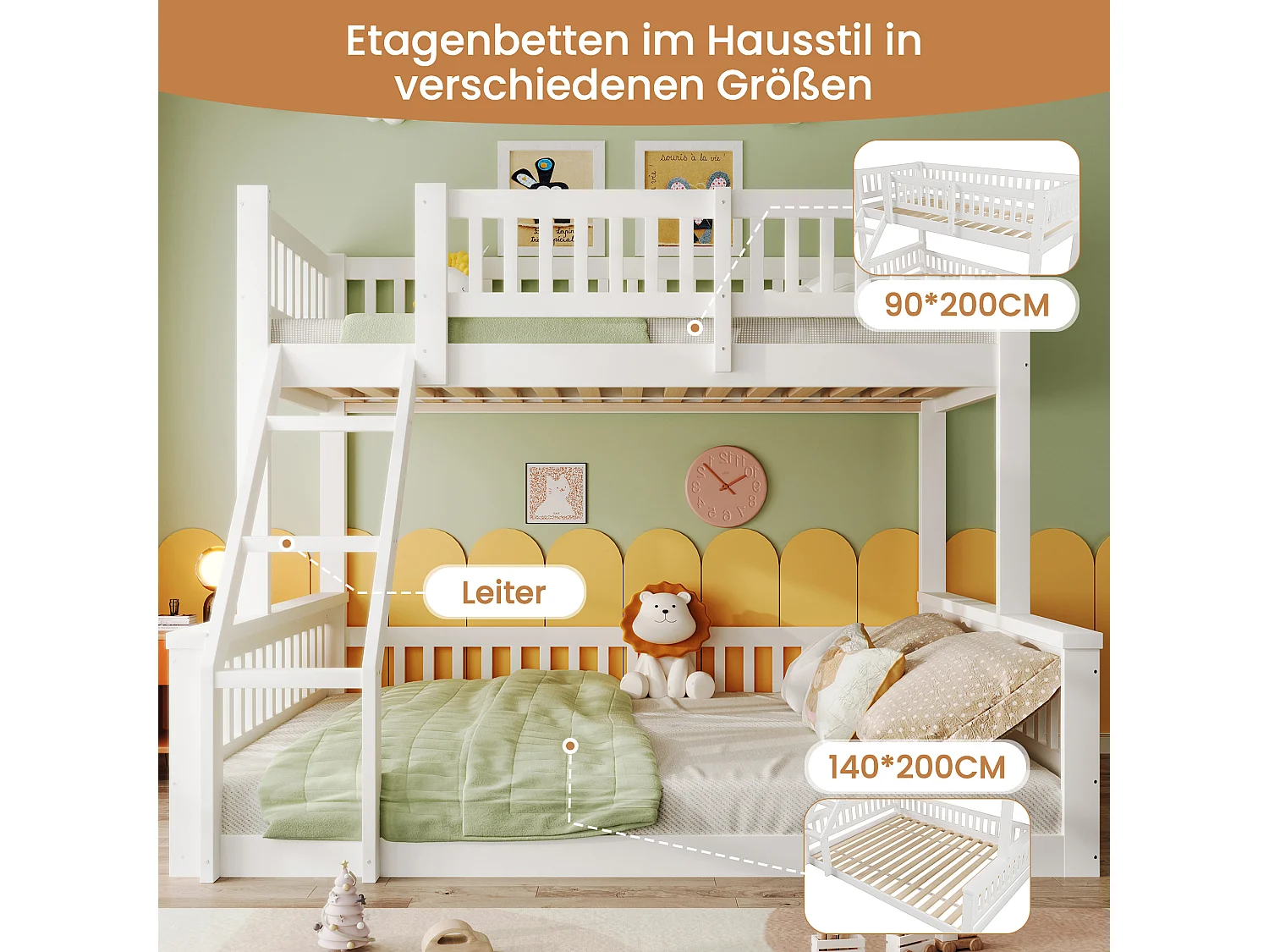 Lit superposés pour enfants - 90 x 200 cm + 140 x 200 cm - avec échelle + barrière de lit - bois - blanc