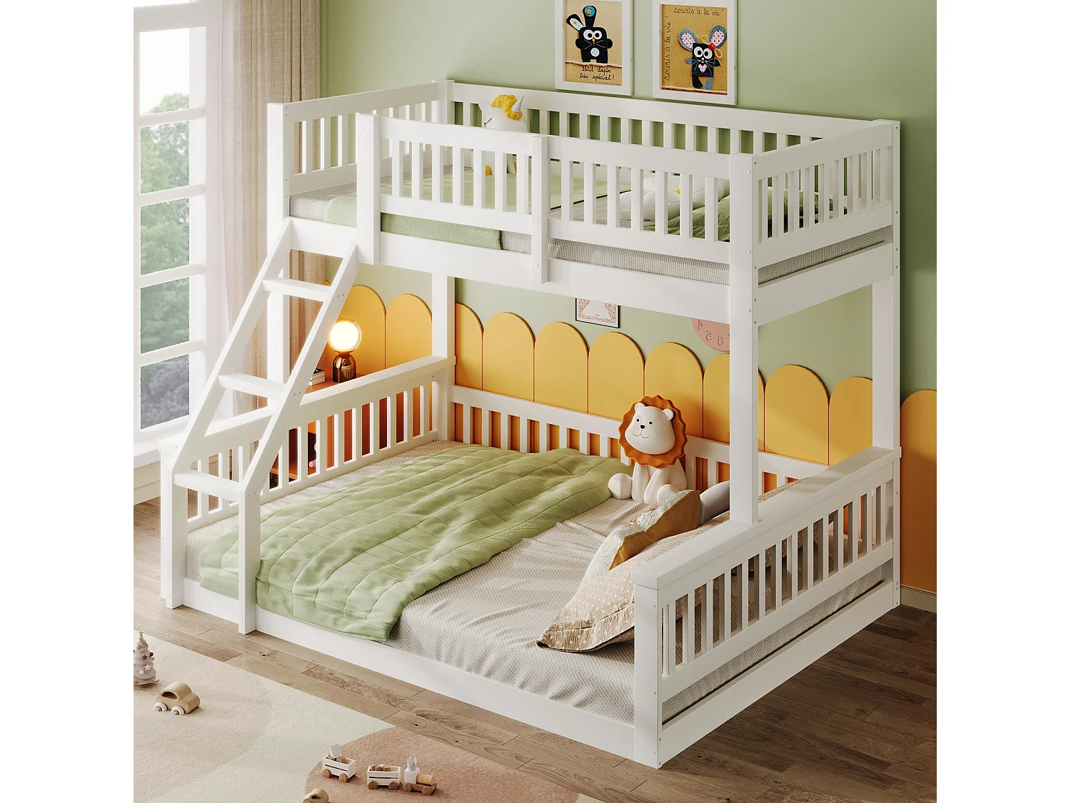 Children's bunk bed - 90 x 200 cm + 140 x 200 cm - with ladder and bed rail - wood - white