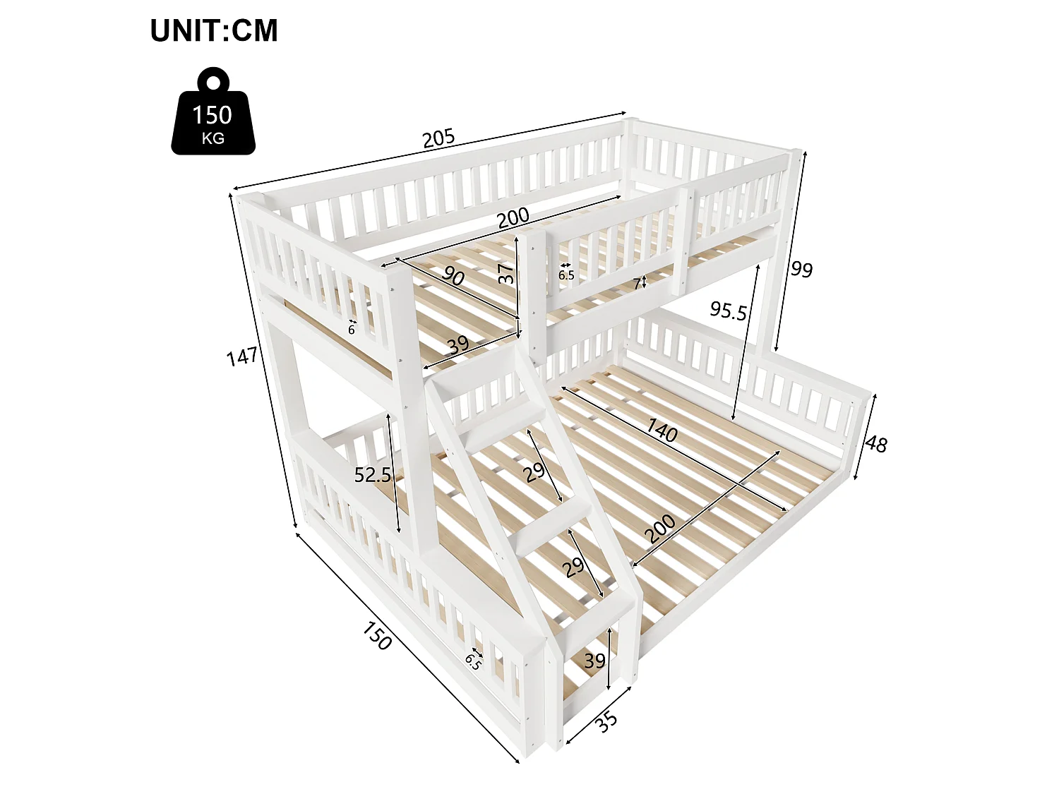 Children's bunk bed - 90 x 200 cm + 140 x 200 cm - with ladder and bed rail - wood - white