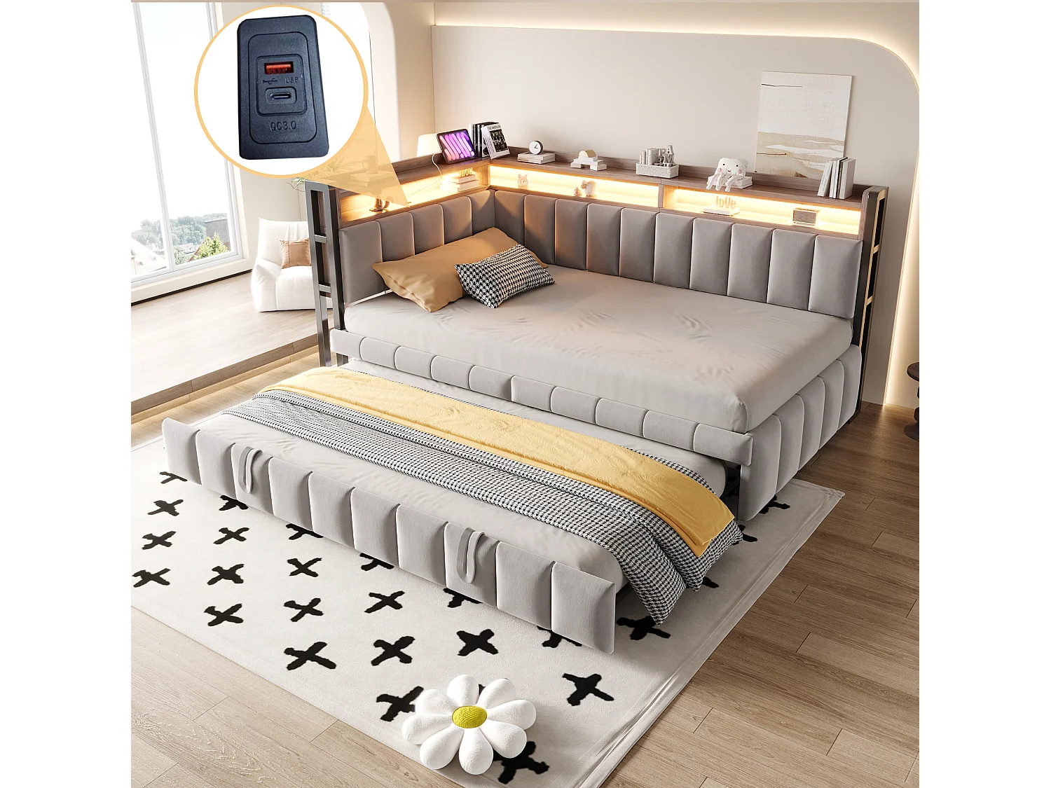 Polstret sovesofa - 90 x 200 cm - med udtræksseng 90 x 200 cm + LED'er + hylde + USB- og Type-C-porte - fløjl - lysegrå