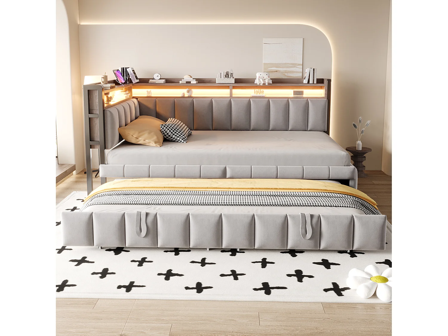 Polstret sovesofa - 90 x 200 cm - med udtræksseng 90 x 200 cm + LED'er + hylde + USB- og Type-C-porte - fløjl - lysegrå