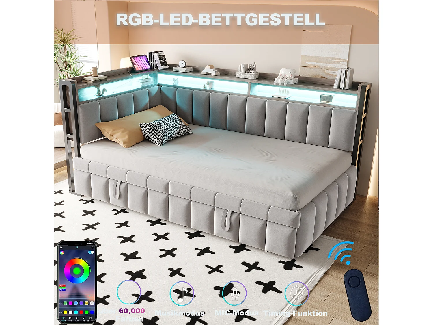 Polstret sovesofa - 90 x 200 cm - med udtræksseng 90 x 200 cm + LED'er + hylde + USB- og Type-C-porte - fløjl - lysegrå