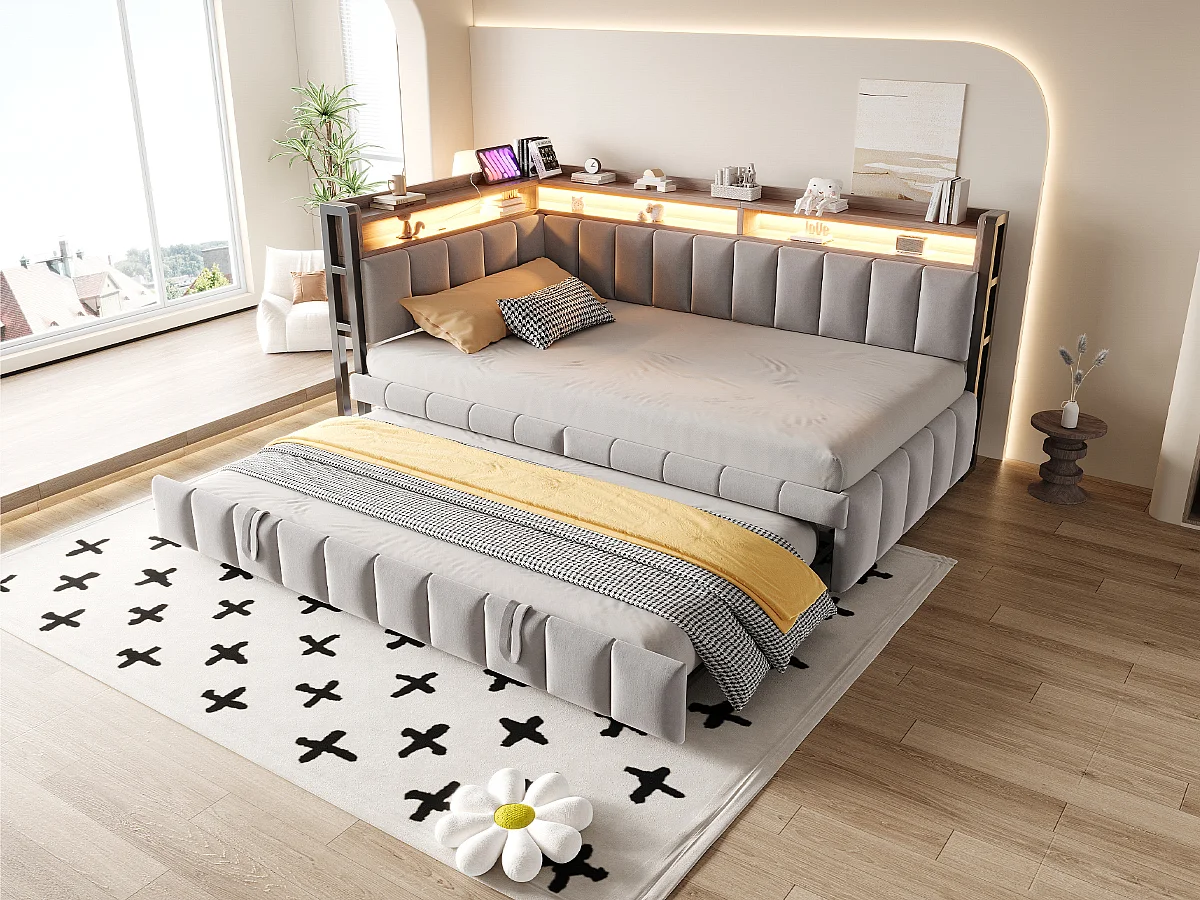 Polstret sovesofa - 90 x 200 cm - med udtræksseng 90 x 200 cm + LED'er + hylde + USB- og Type-C-porte - fløjl - lysegrå