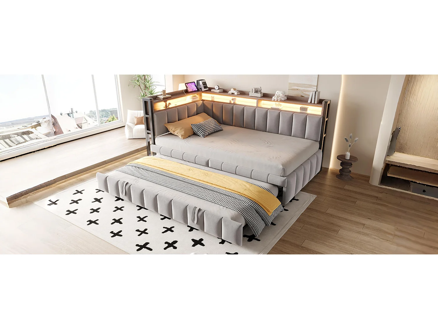 Polstret sovesofa - 90 x 200 cm - med udtræksseng 90 x 200 cm + LED'er + hylde + USB- og Type-C-porte - fløjl - lysegrå