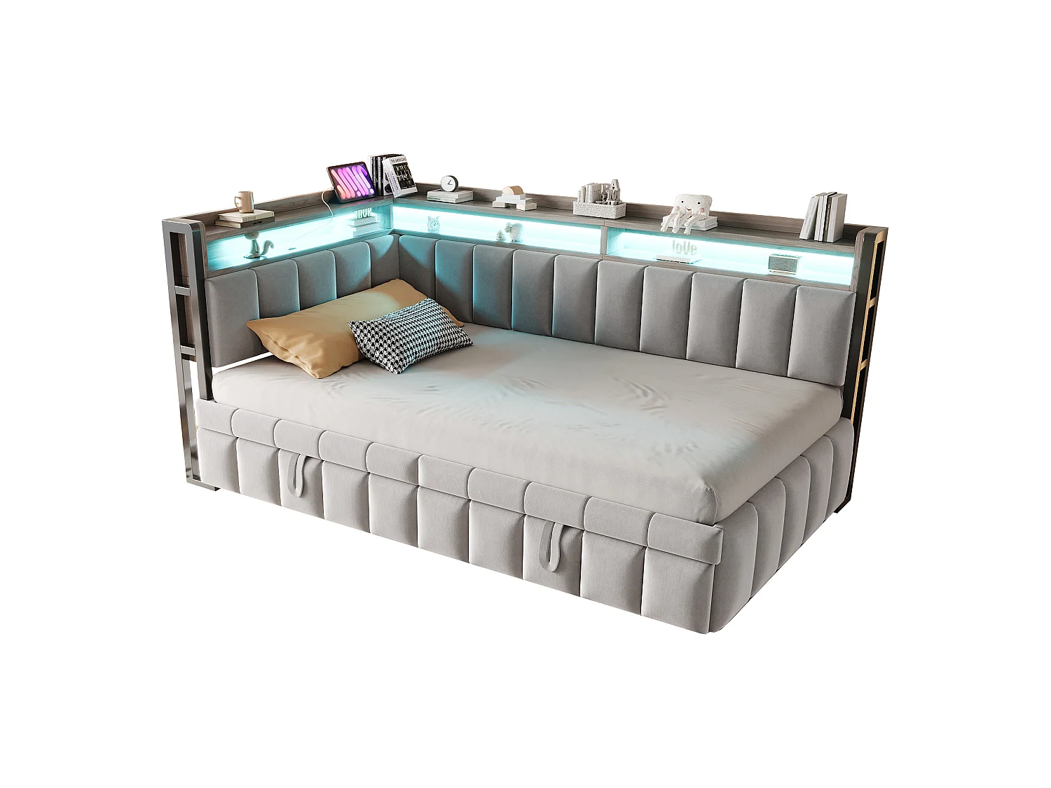 Polstret sovesofa - 90 x 200 cm - med udtræksseng 90 x 200 cm + LED'er + hylde + USB- og Type-C-porte - fløjl - lysegrå