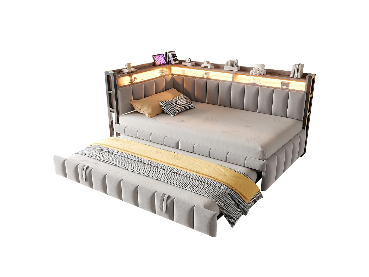 Polstret sovesofa - 90 x 200 cm - med udtræksseng 90 x 200 cm + LED'er + hylde + USB- og Type-C-porte - fløjl - lysegrå