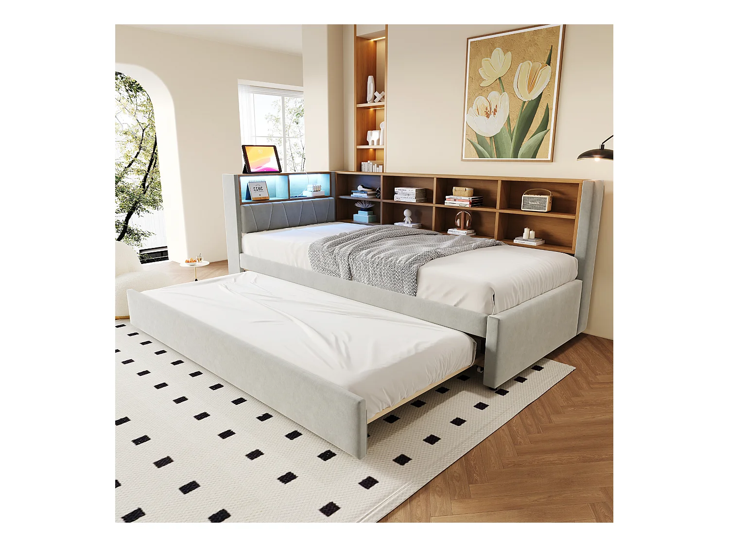 Canapé-lit 90 x 200 cm avec lit gigogne 90 x 190 cm - avec Leds + prises + étagère de rangement - Flanelle - gris clair