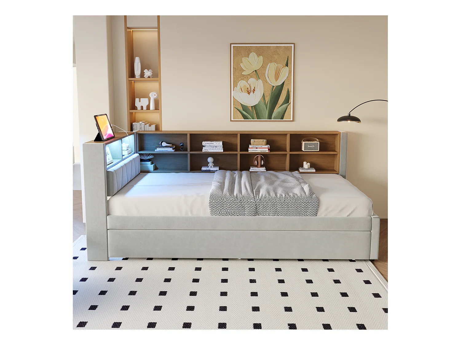 Slaapbank 90 x 200 cm met uitschuifbed 90 x 190 cm - met LED's + stopcontacten + opbergplank - Flanel - lichtgrijs