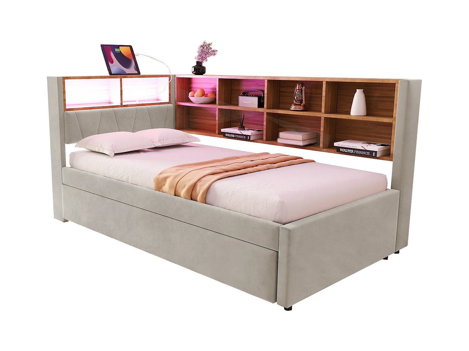 Slaapbank 90 x 200 cm met uitschuifbed 90 x 190 cm - met LED's + stopcontacten + opbergplank - Flanel - lichtgrijs