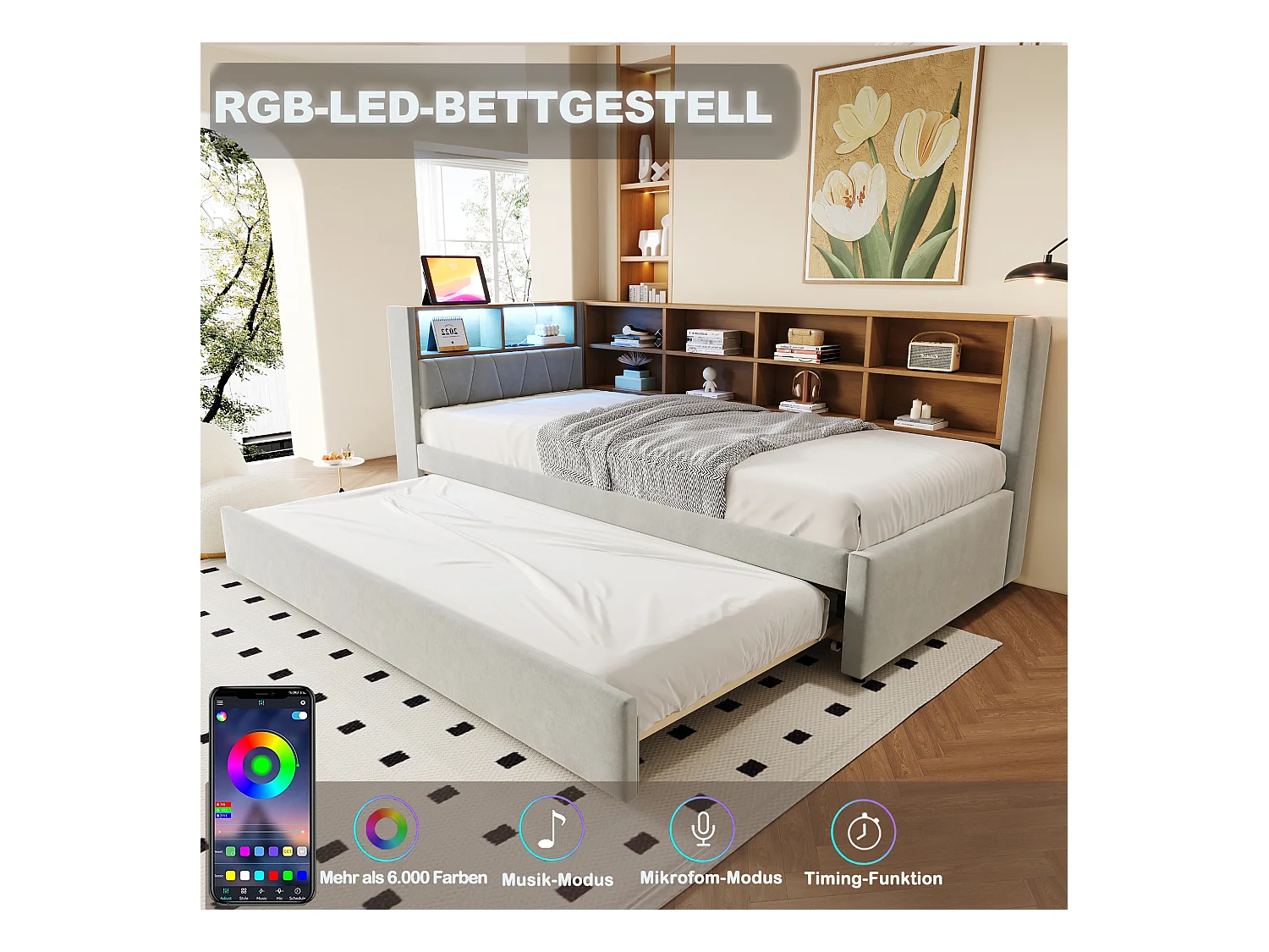 Slaapbank 90 x 200 cm met uitschuifbed 90 x 190 cm - met LED's + stopcontacten + opbergplank - Flanel - lichtgrijs