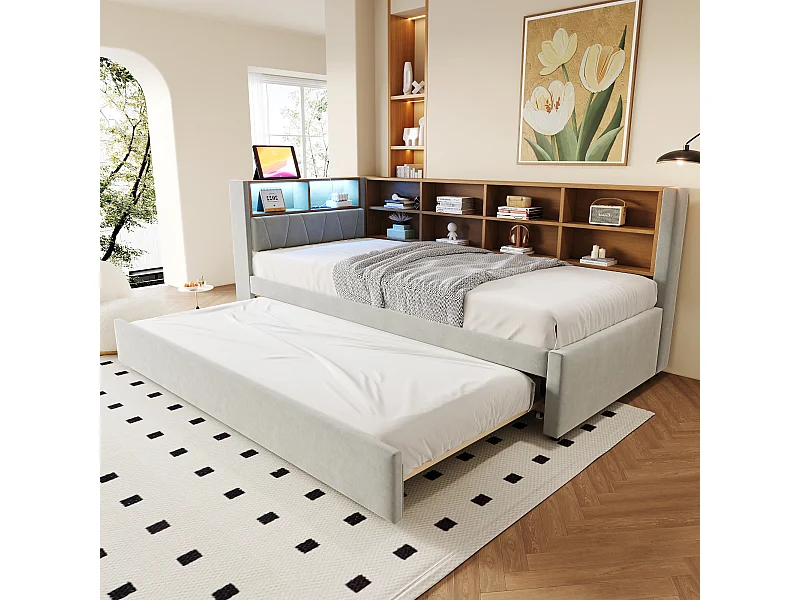 Schlafsofa 90 x 200 cm mit Ausziehbett 90 x 190 cm - mit LEDs + Steckdosen + Ablagefach - Flanell - hellgrau