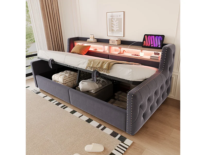 Gepolstertes Schlafsofa mit hydraulischem Stauraum - 90 x 200 cm - mit LEDs + Stauraum + Steckdose - Samt - Grau