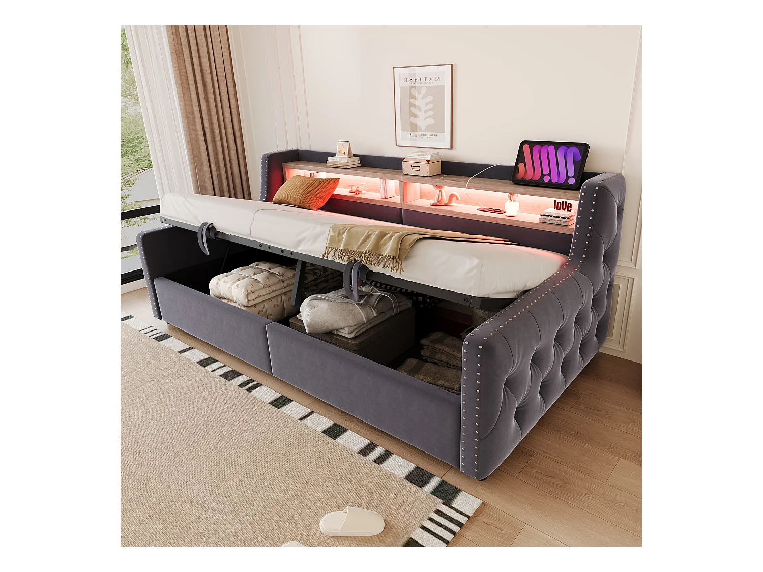 Canapé-lit rembourré avec rangement hydraulique - 90 x 200 cm -avec Leds + rangements + prise - velours - gris