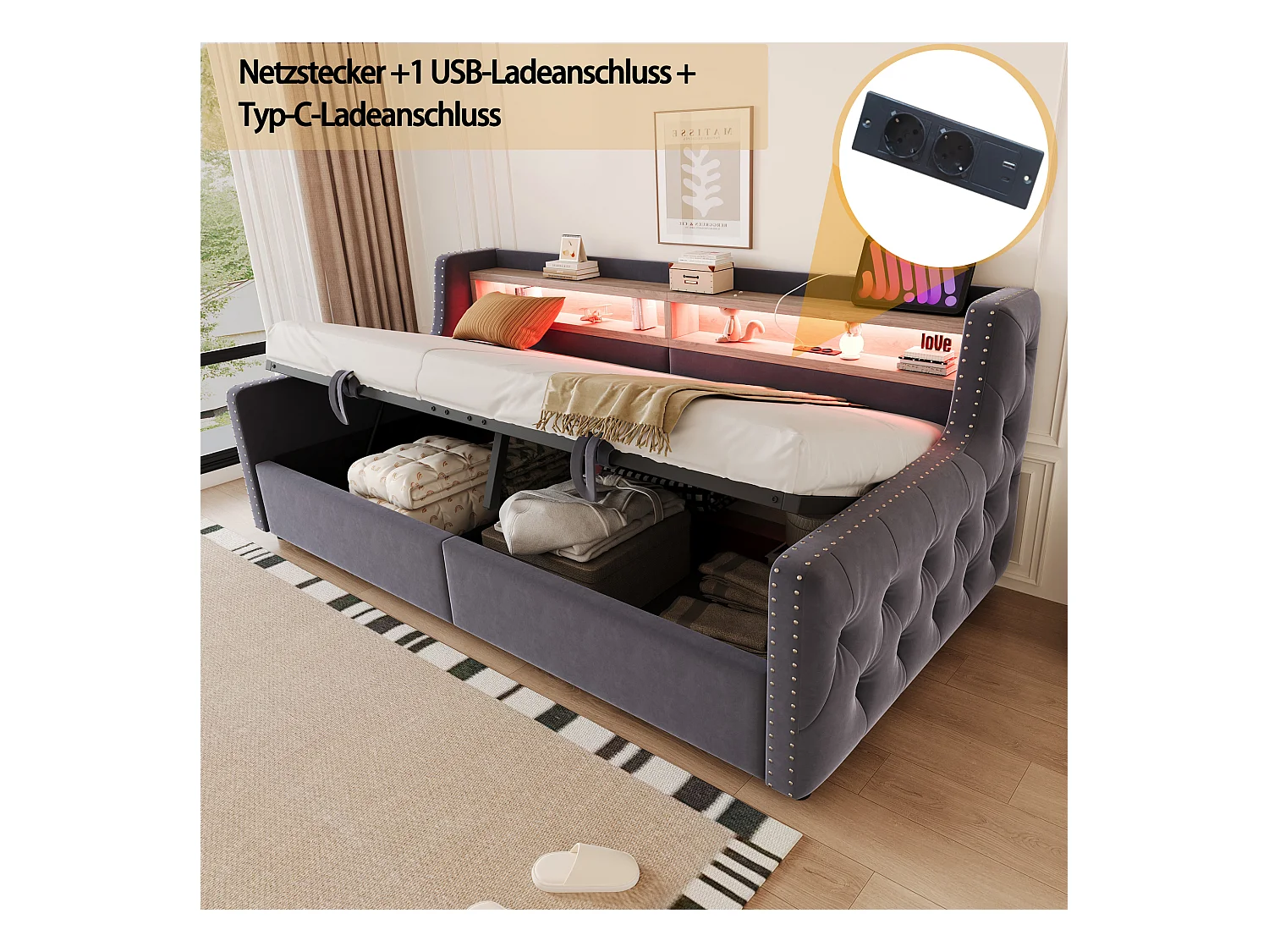 Canapé-lit rembourré avec rangement hydraulique - 90 x 200 cm -avec Leds + rangements + prise - velours - gris