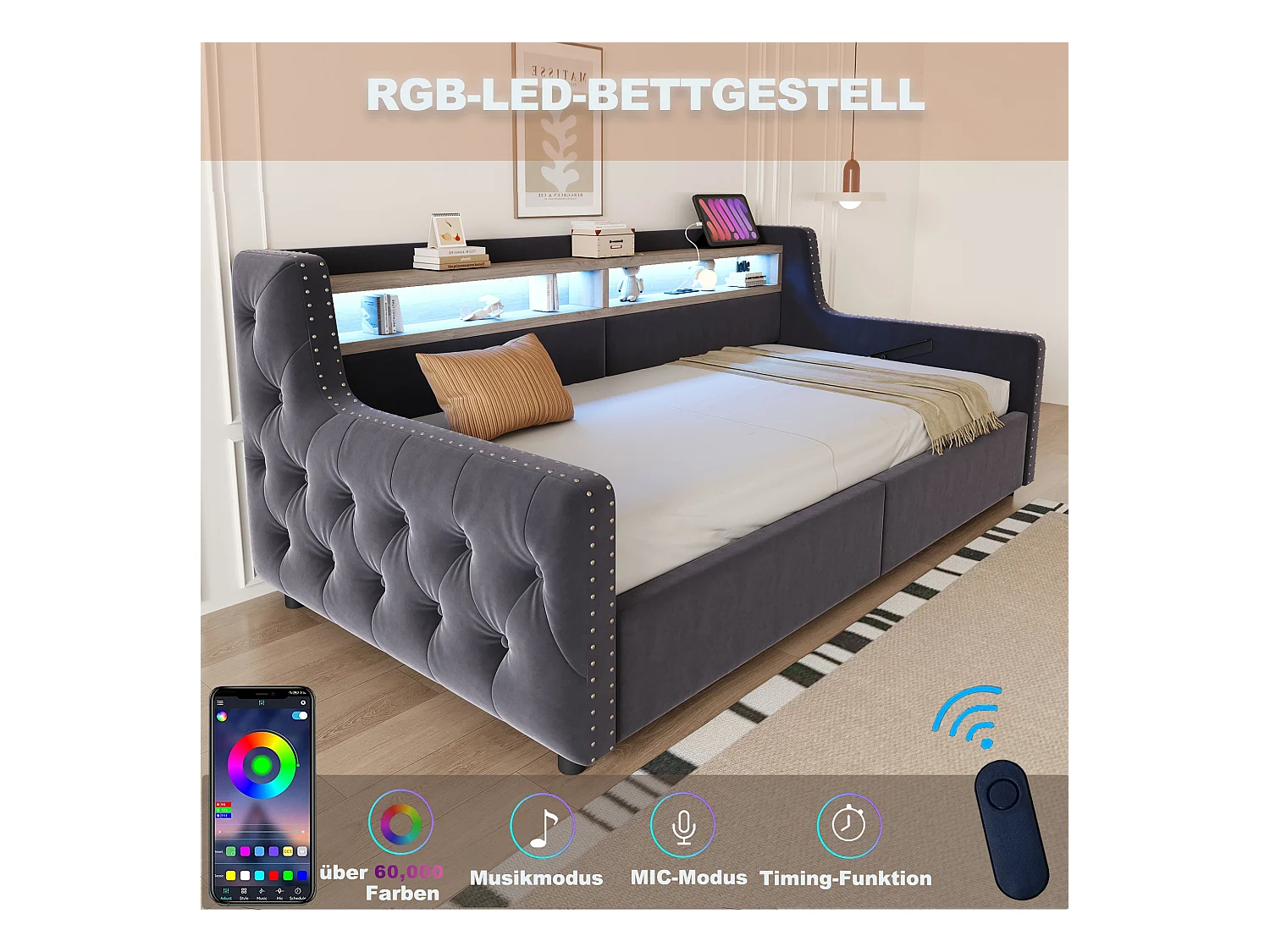 Sofa tapicerowana z funkcją spania i schowkiem hydraulicznym - 90 x 200 cm - z oświetleniem LED + schowkiem + gniazdkiem - welur - szara