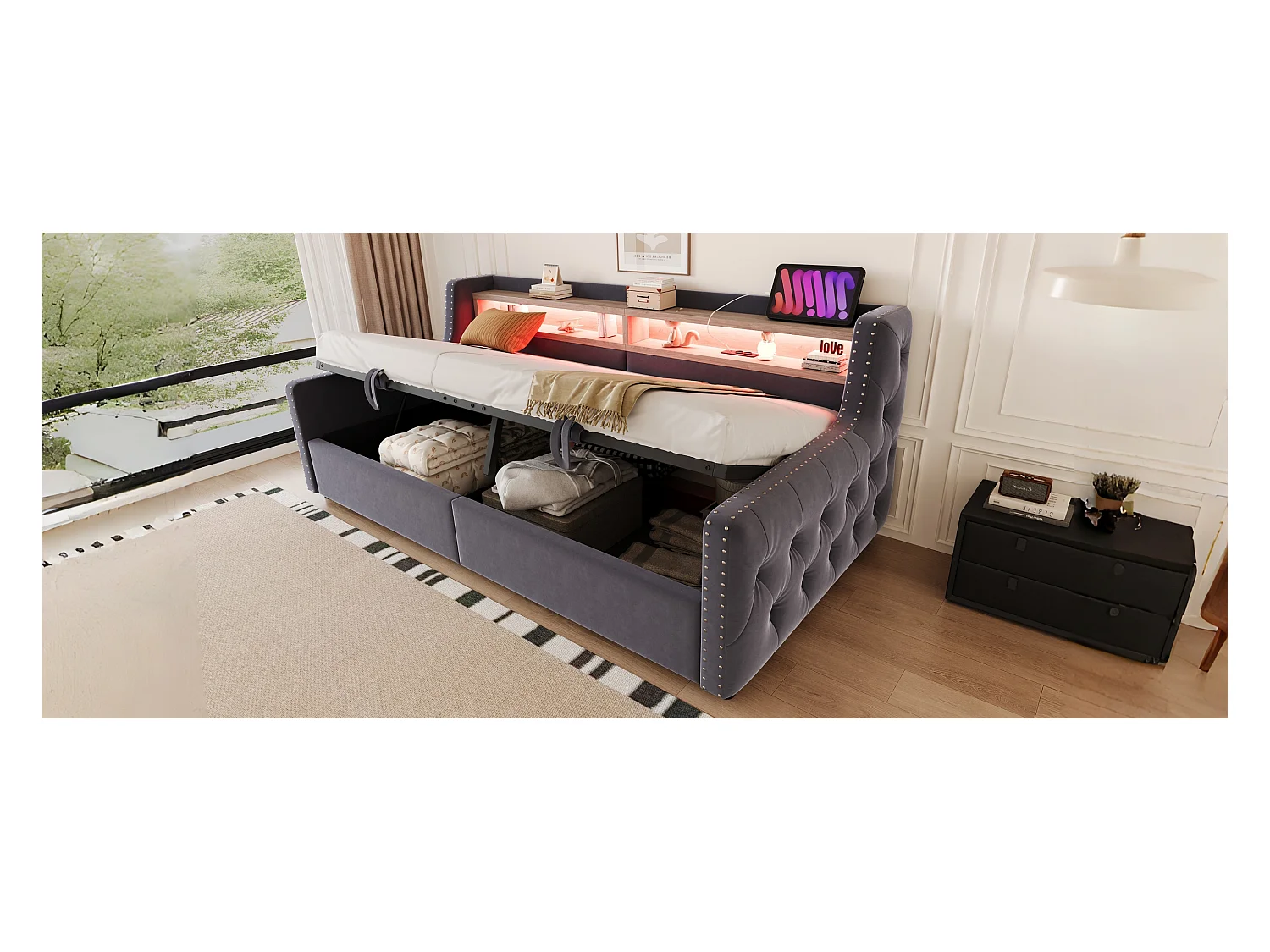 Sofa tapicerowana z funkcją spania i schowkiem hydraulicznym - 90 x 200 cm - z oświetleniem LED + schowkiem + gniazdkiem - welur - szara