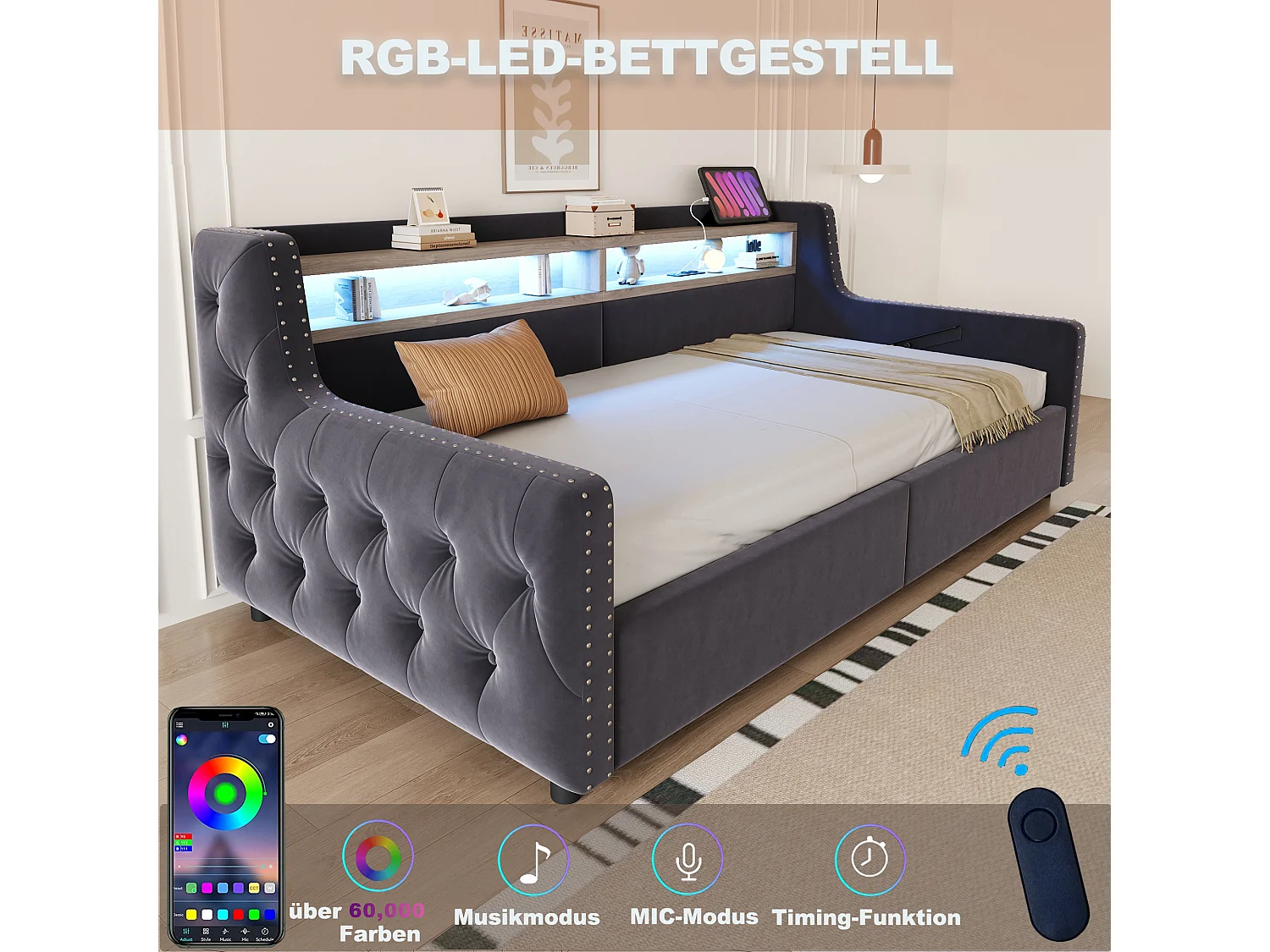 Canapé-lit rembourré avec rangement hydraulique - 90 x 200 cm -avec Leds + rangements + prise - velours - gris