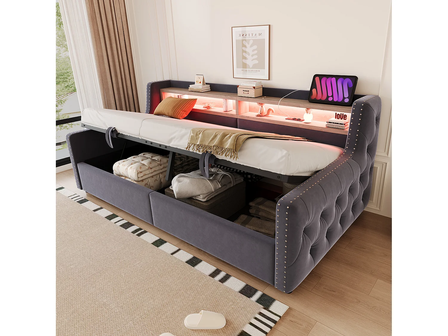 Canapé-lit rembourré avec rangement hydraulique - 90 x 200 cm -avec Leds + rangements + prise - velours - gris
