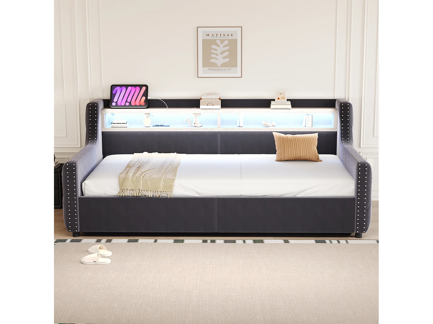 Canapé-lit rembourré avec rangement hydraulique - 90 x 200 cm -avec Leds + rangements + prise - velours - gris