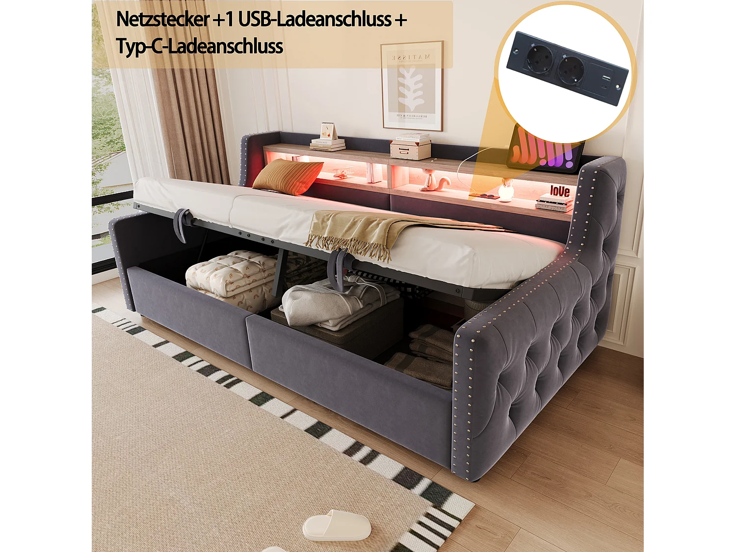 Canapé-lit rembourré avec rangement hydraulique - 90 x 200 cm -avec Leds + rangements + prise - velours - gris