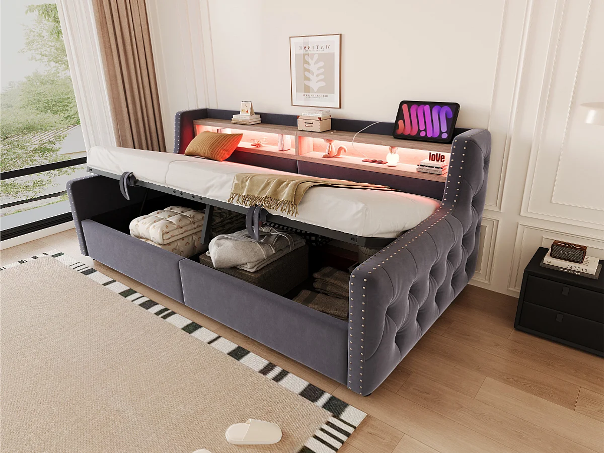 Canapé-lit rembourré avec rangement hydraulique - 90 x 200 cm -avec Leds + rangements + prise - velours - gris