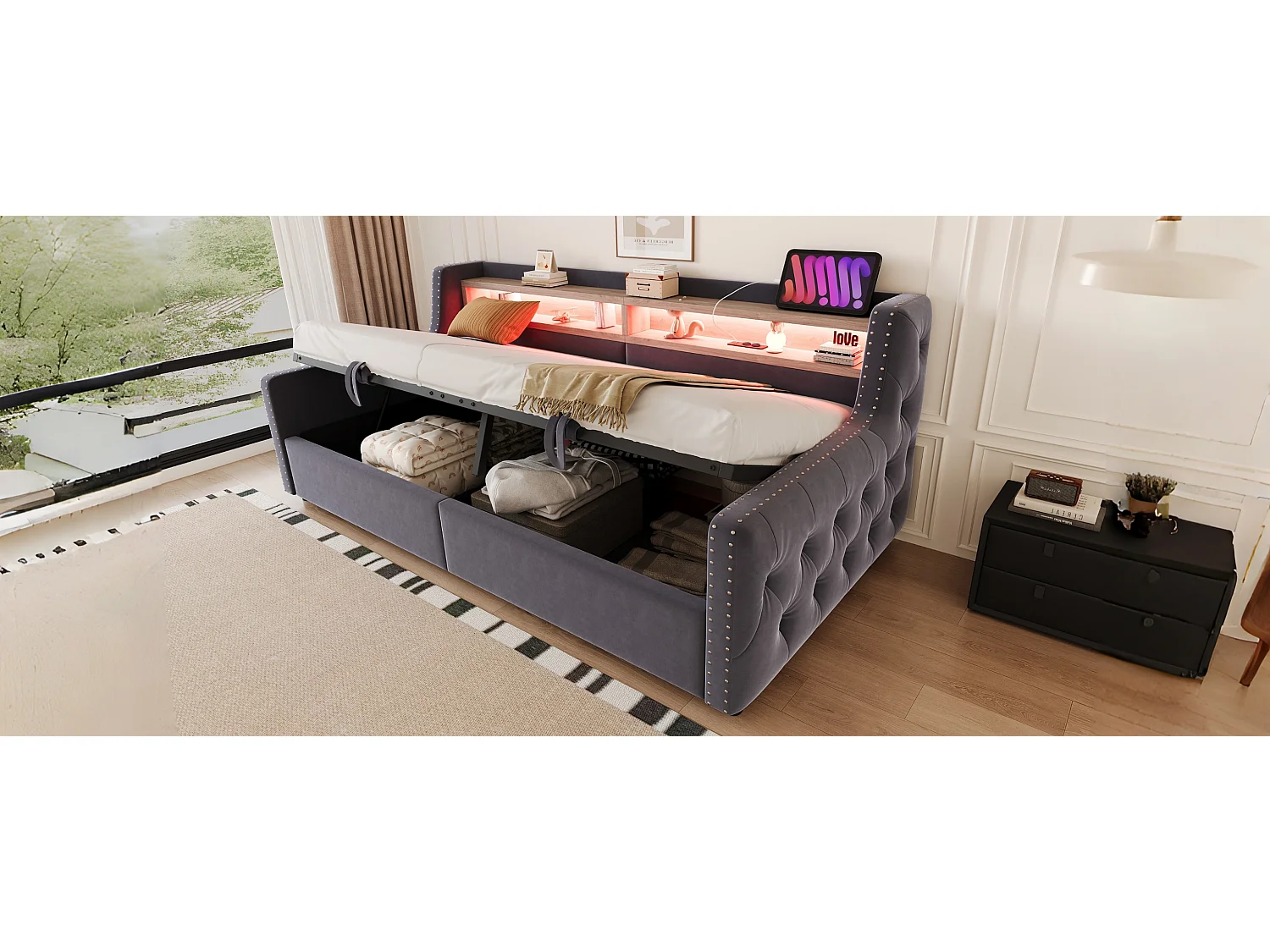 Canapé-lit rembourré avec rangement hydraulique - 90 x 200 cm -avec Leds + rangements + prise - velours - gris