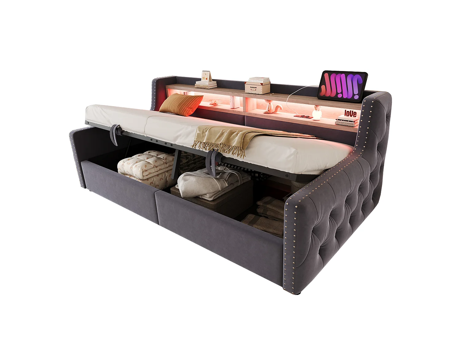 Canapé-lit rembourré avec rangement hydraulique - 90 x 200 cm -avec Leds + rangements + prise - velours - gris