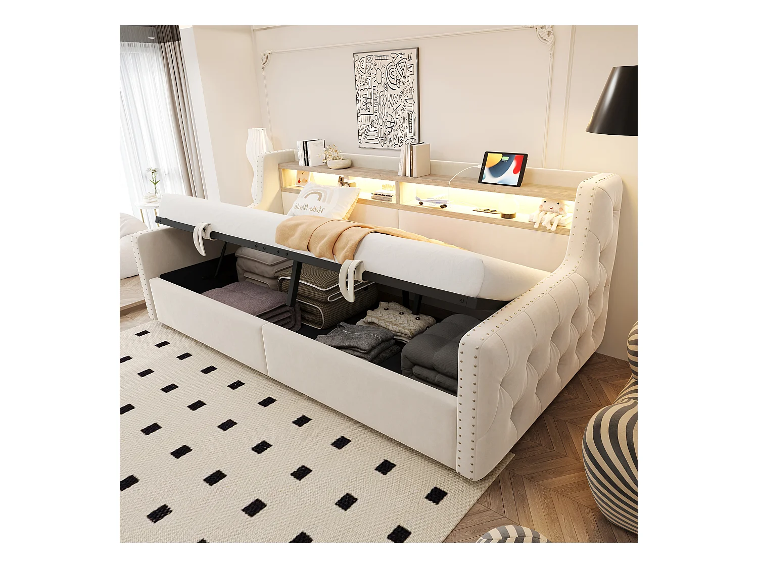 Canapé-lit rembourré avec rangement hydraulique - 90 x 200 cm -avec Leds + rangements + prise - velours - beige