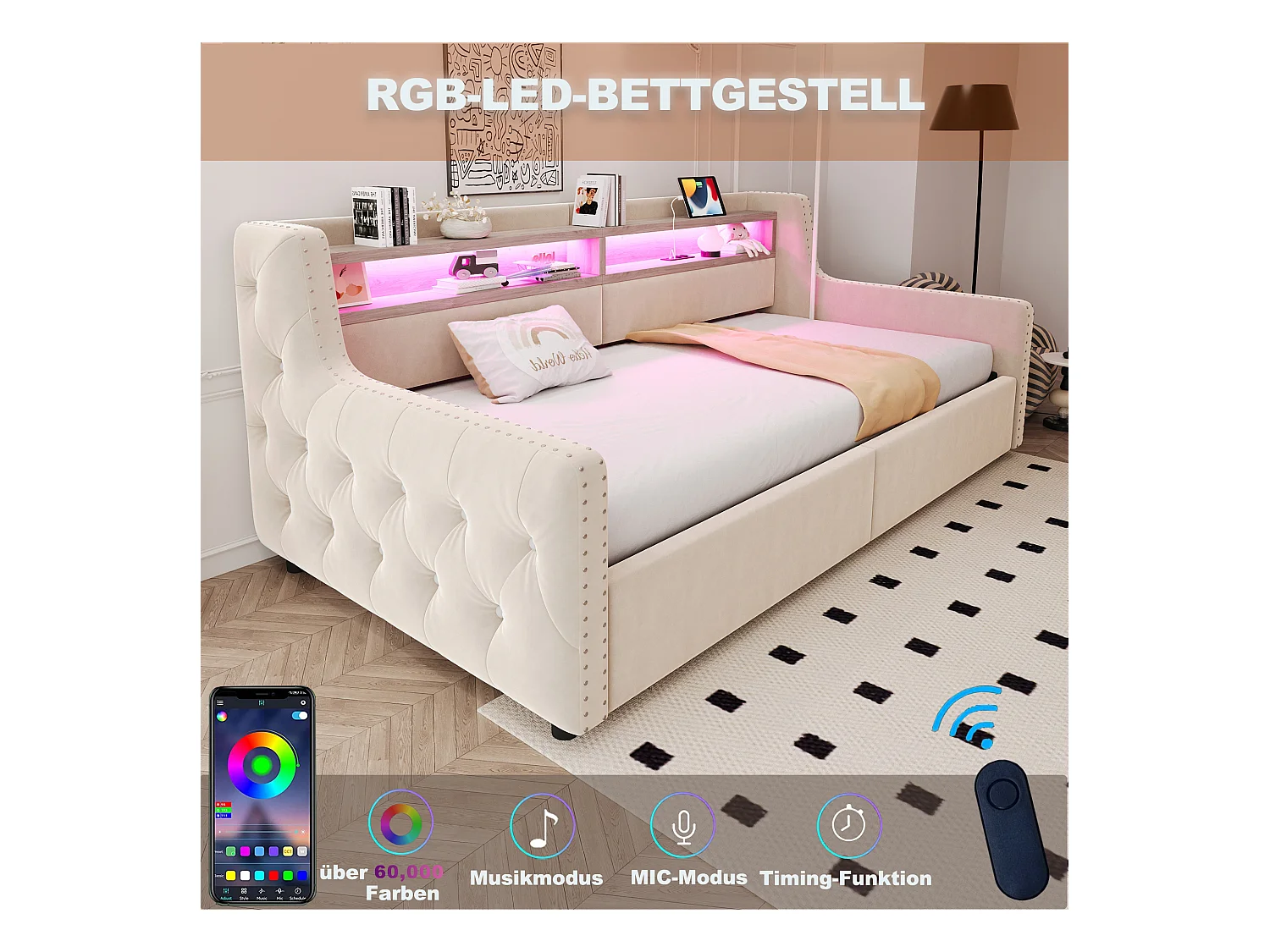 Canapé-lit rembourré avec rangement hydraulique - 90 x 200 cm -avec Leds + rangements + prise - velours - beige