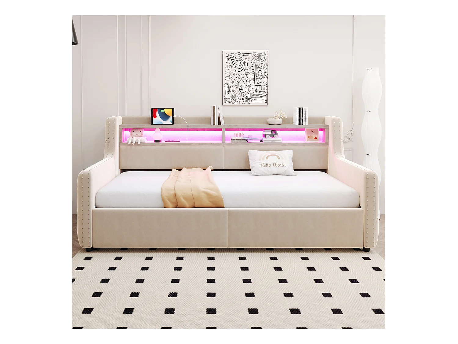 Canapé-lit rembourré avec rangement hydraulique - 90 x 200 cm -avec Leds + rangements + prise - velours - beige