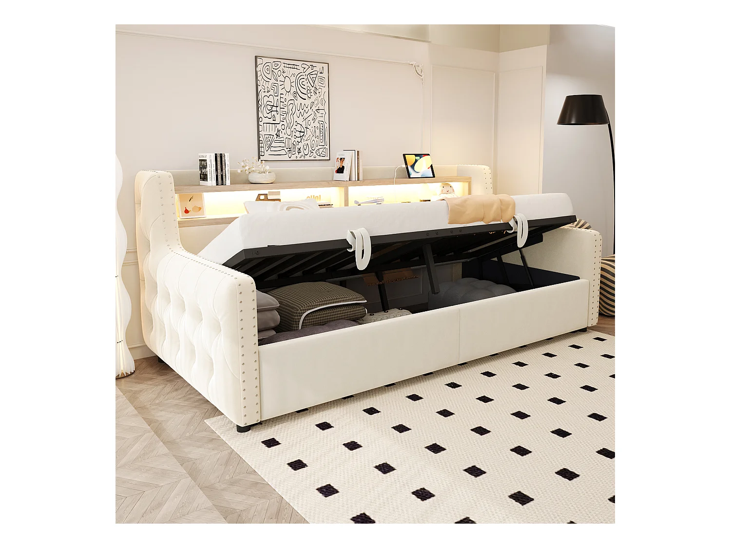 Canapé-lit rembourré avec rangement hydraulique - 90 x 200 cm -avec Leds + rangements + prise - velours - beige