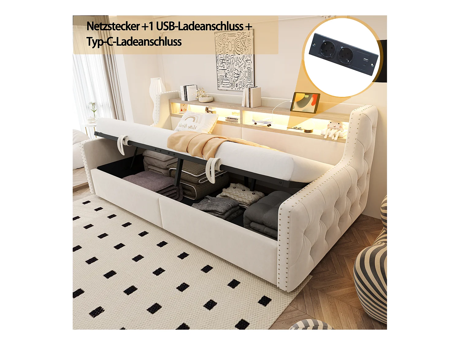 Canapé-lit rembourré avec rangement hydraulique - 90 x 200 cm -avec Leds + rangements + prise - velours - beige