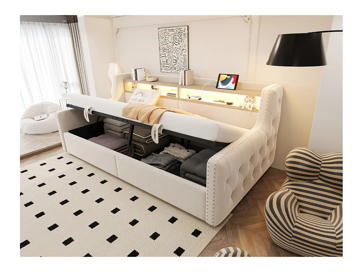 Canapé-lit rembourré avec rangement hydraulique - 90 x 200 cm -avec Leds + rangements + prise - velours - beige
