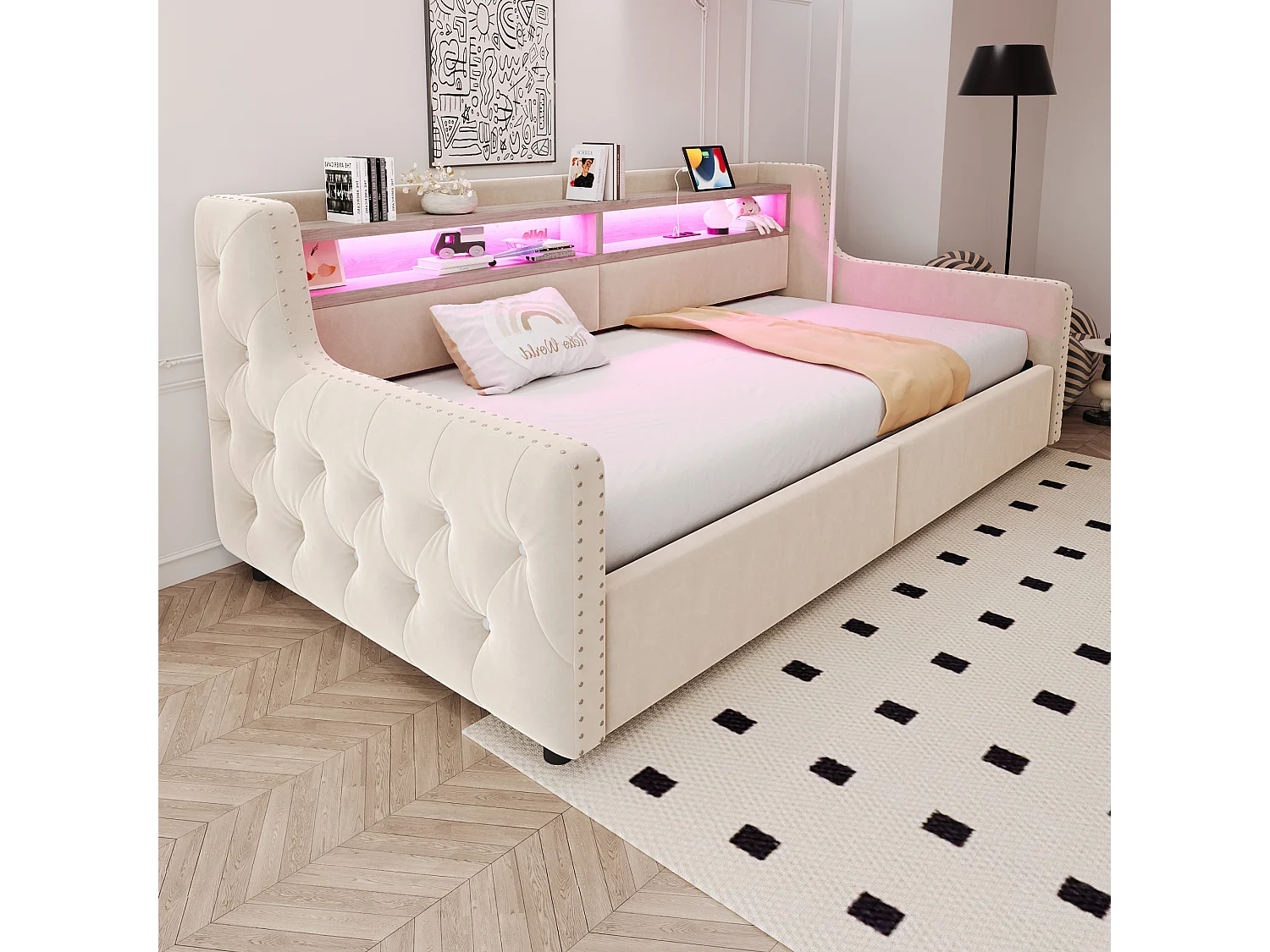 Canapé-lit rembourré avec rangement hydraulique - 90 x 200 cm -avec Leds + rangements + prise - velours - beige