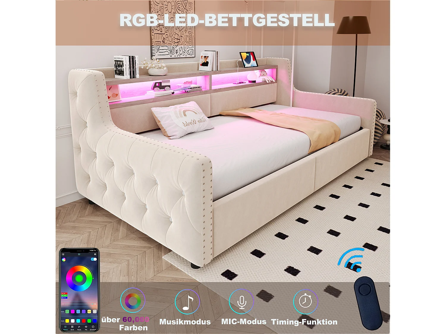 Canapé-lit rembourré avec rangement hydraulique - 90 x 200 cm -avec Leds + rangements + prise - velours - beige