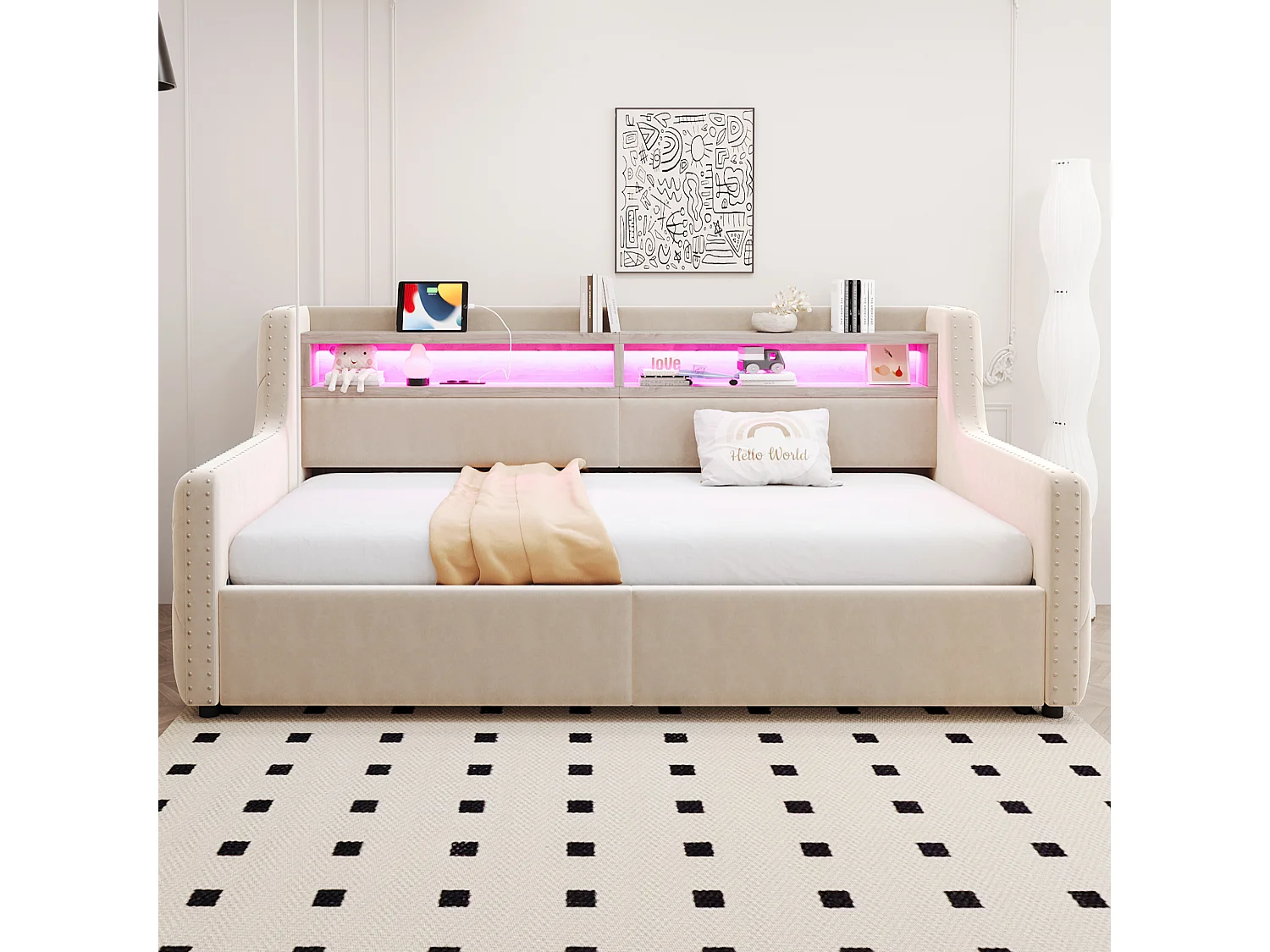 Canapé-lit rembourré avec rangement hydraulique - 90 x 200 cm -avec Leds + rangements + prise - velours - beige