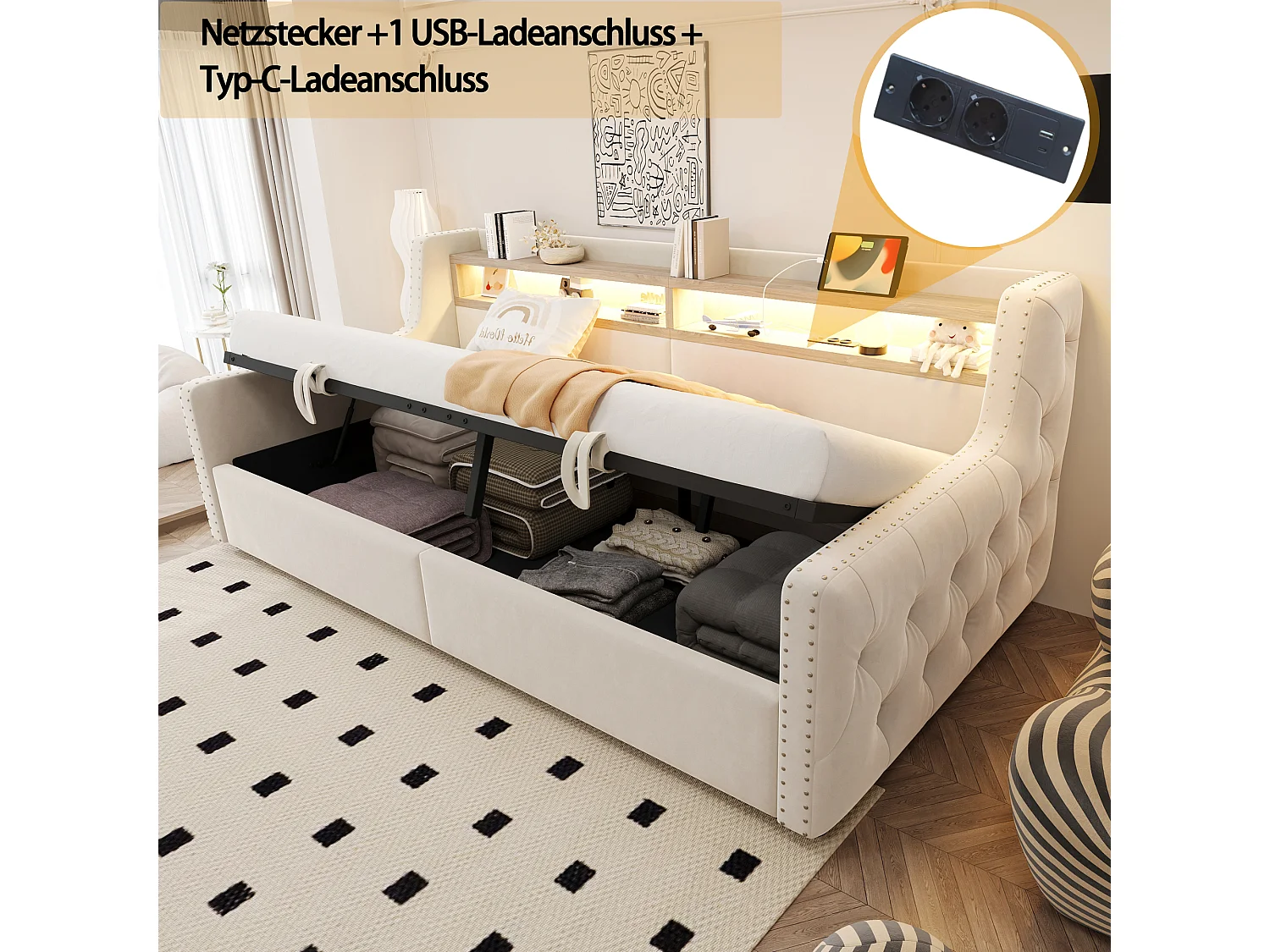 Canapé-lit rembourré avec rangement hydraulique - 90 x 200 cm -avec Leds + rangements + prise - velours - beige