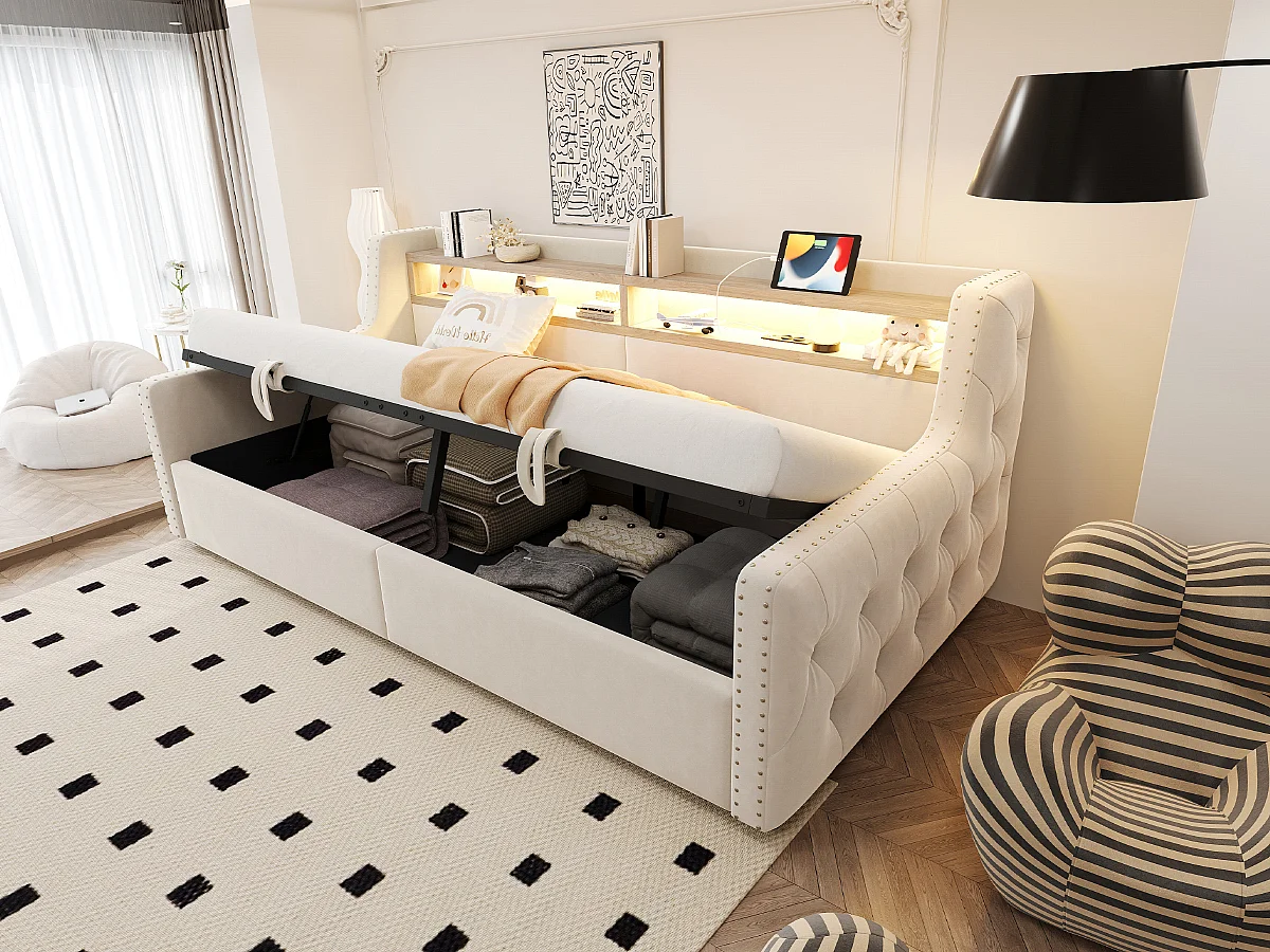 Canapé-lit rembourré avec rangement hydraulique - 90 x 200 cm -avec Leds + rangements + prise - velours - beige