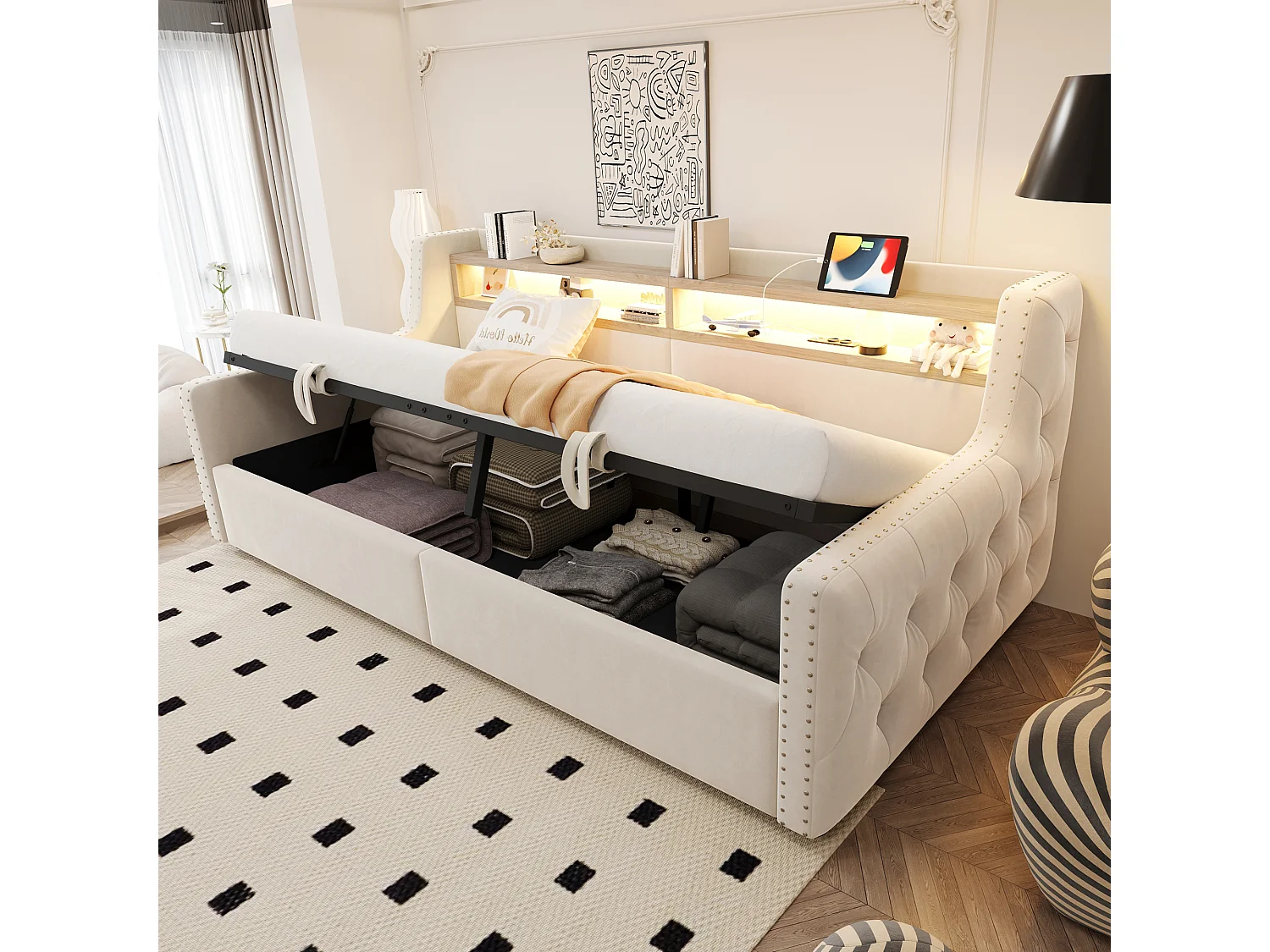 Canapé-lit rembourré avec rangement hydraulique - 90 x 200 cm -avec Leds + rangements + prise - velours - beige
