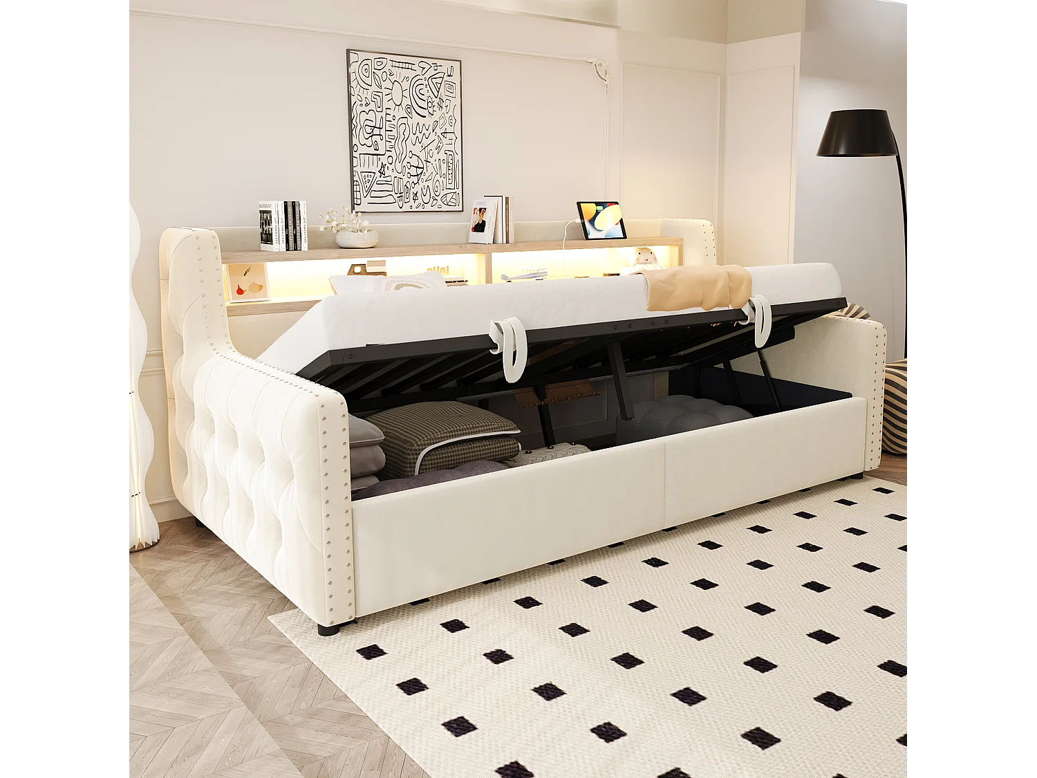 Canapé-lit rembourré avec rangement hydraulique - 90 x 200 cm -avec Leds + rangements + prise - velours - beige