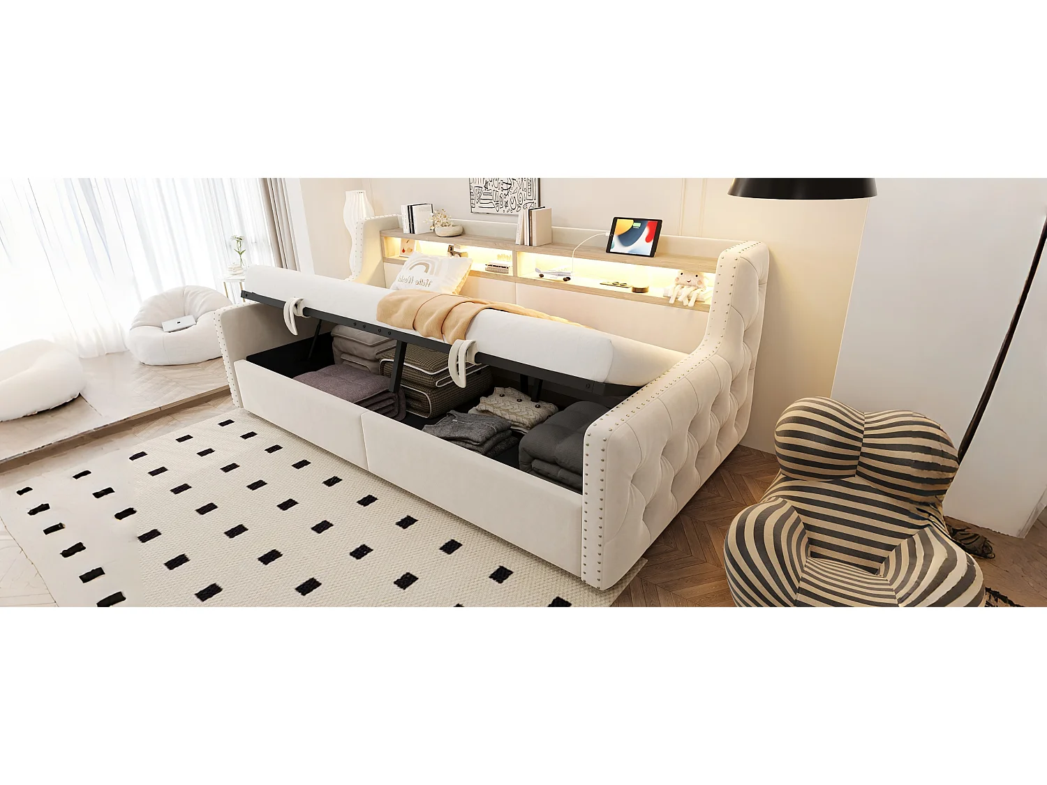 Canapé-lit rembourré avec rangement hydraulique - 90 x 200 cm -avec Leds + rangements + prise - velours - beige