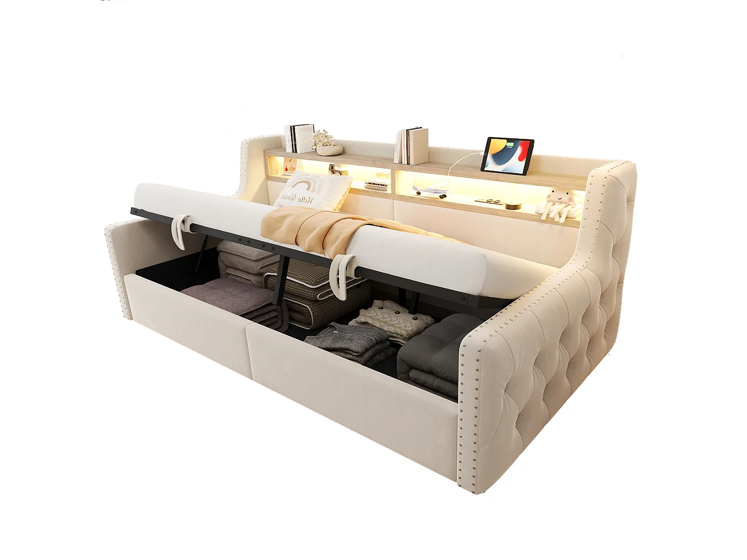 Canapé-lit rembourré avec rangement hydraulique - 90 x 200 cm -avec Leds + rangements + prise - velours - beige