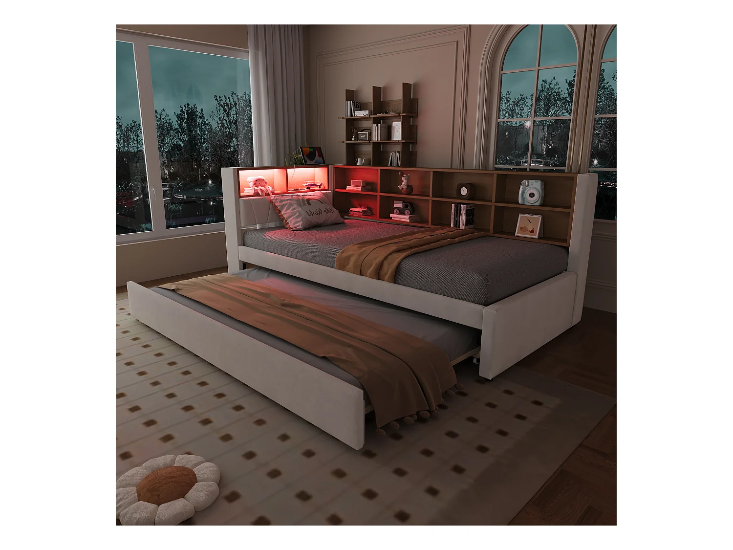 Canapé-lit 90 x 200 cm avec lit gigogne 90 x 190 cm - avec Leds + prises + étagère de rangement - Flanelle - beige