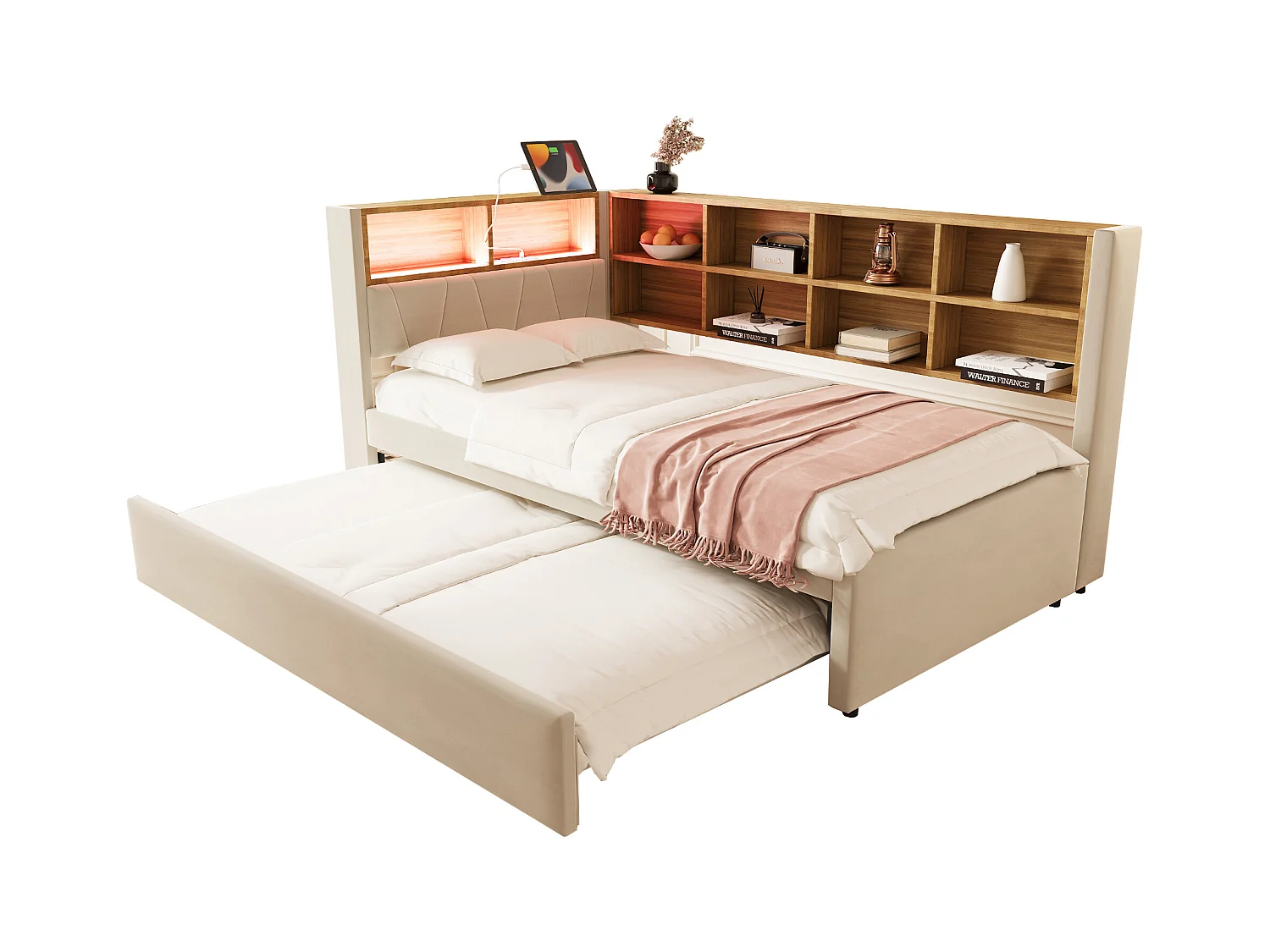 Canapé-lit 90 x 200 cm avec lit gigogne 90 x 190 cm - avec Leds + prises + étagère de rangement - Flanelle - beige