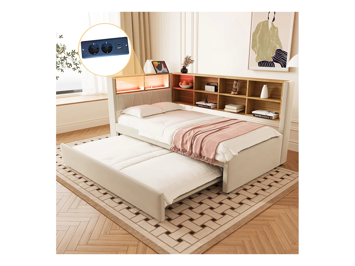 Canapé-lit 90 x 200 cm avec lit gigogne 90 x 190 cm - avec Leds + prises + étagère de rangement - Flanelle - beige