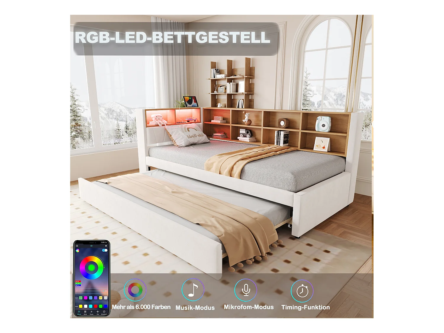 Slaapbank 90 x 200 cm met uitschuifbed 90 x 190 cm - met LED's + stopcontacten + opbergplank - Flanel - beige