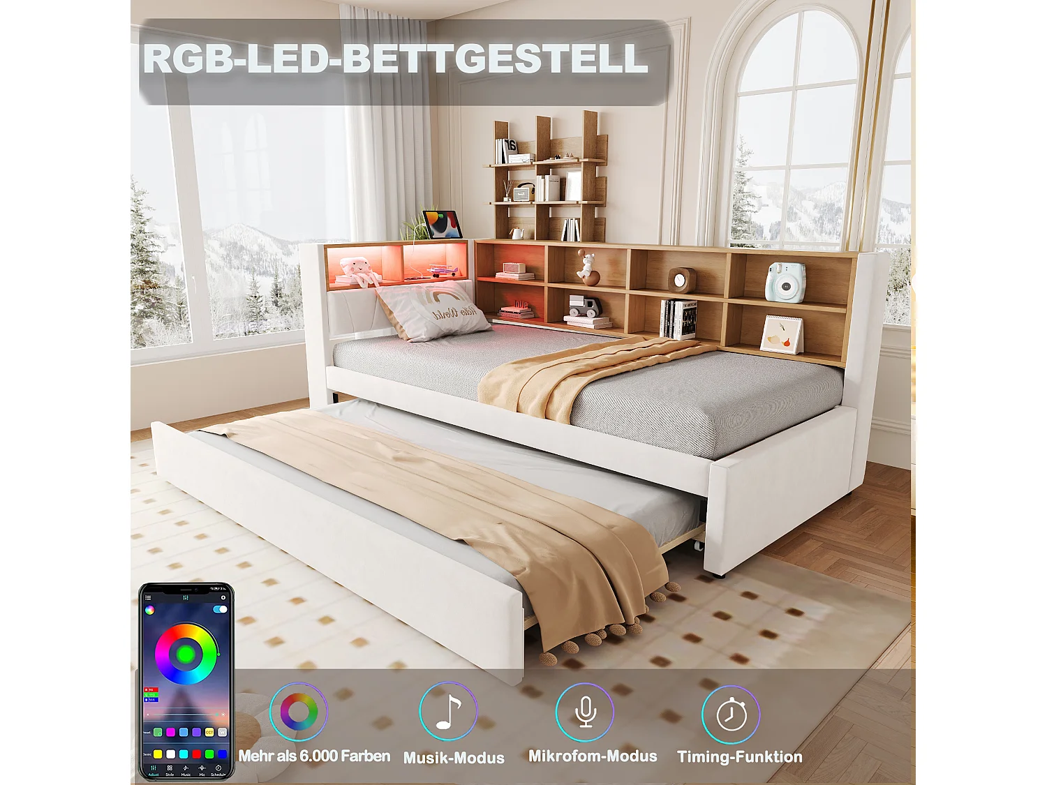 Canapé-lit 90 x 200 cm avec lit gigogne 90 x 190 cm - avec Leds + prises + étagère de rangement - Flanelle - beige